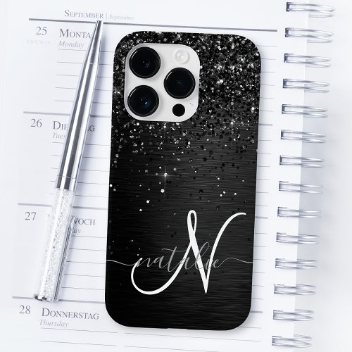 Custom Black Glitter Sparkle Monogram Case_Mate iPhone 14 Pro Case
