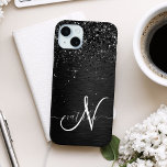 Custom Black Glitter Sparkle Monogram iPhone 15 Plus Case<br><div class="desc">Easily personalize this trendy elegant phone case design featuring pretty black sparkling glitter on a black brushed metallic background.</div>