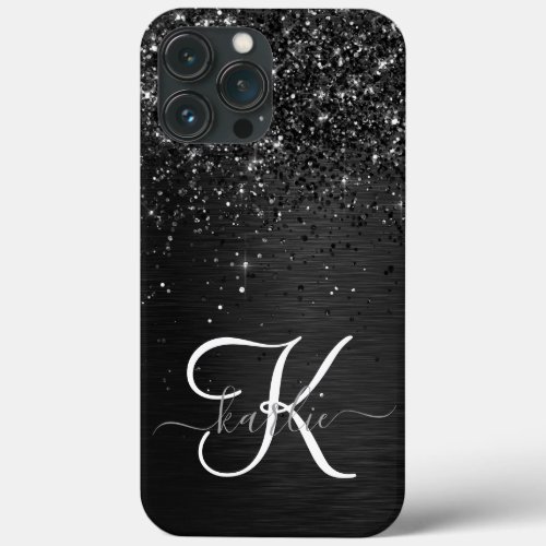 Custom Black Glitter Sparkle Monogram iPhone 13 Pro Max Case