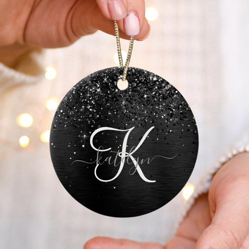 Custom Black Glitter Sparkle Monogram Ceramic Ornament