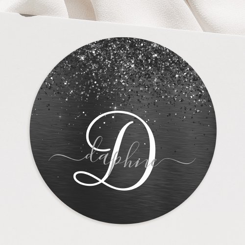 Custom Black Glitter Sparkle Monogram Classic Round Sticker