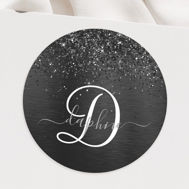 Custom Black Glitter Sparkle Monogram Classic Round Sticker (Creator Uploaded)