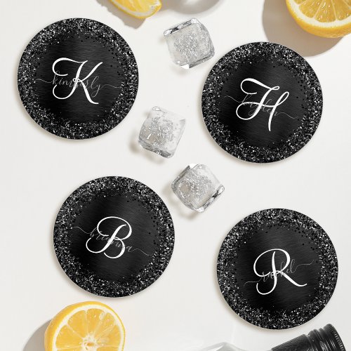 Custom Black Glitter Sparkle Monogram Coaster Set