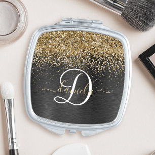 Custom Black Glitter Sparkle Monogram Compact Mirr Compact Mirror
