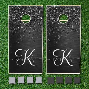 Custom Black Glitter Sparkle Monogram Cornhole Set