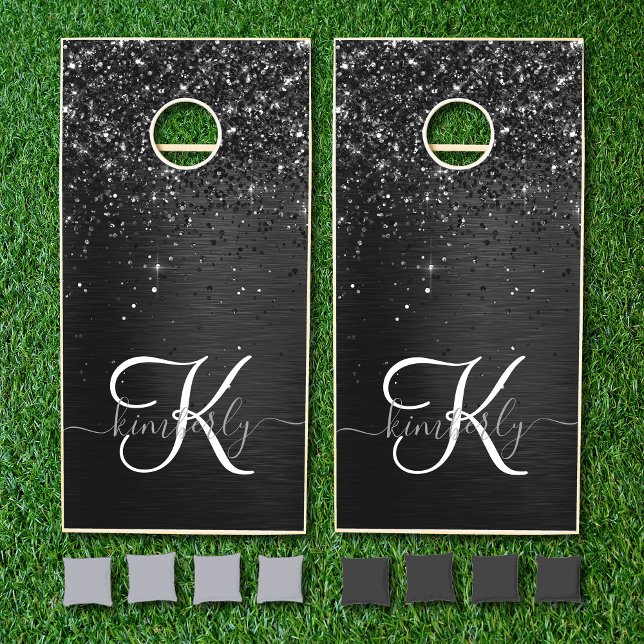 Custom Black Glitter Sparkle Monogram Cornhole Set (Creator Uploaded)