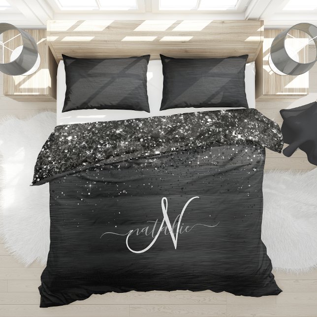 Custom Black Glitter Sparkle Monogram Duvet Cover (Creator Uploaded)