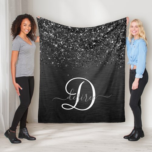 Custom Black Glitter Sparkle Monogram Fleece Blanket
