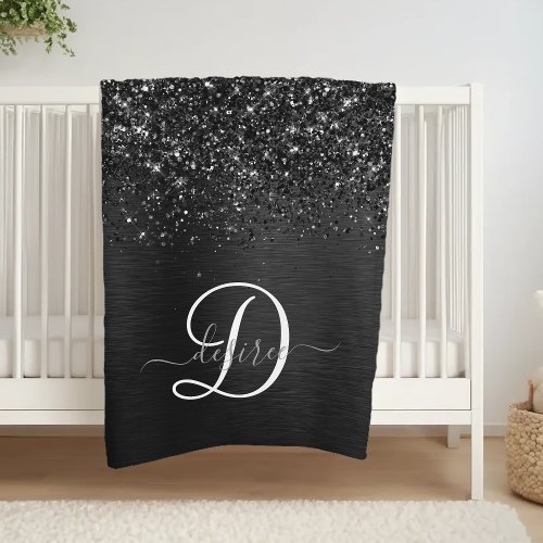 Custom Black Glitter Sparkle Monogram Fleece Blanket