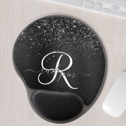 Custom Black Glitter Sparkle Monogram Gel Mouse Pad