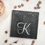 Custom Black Glitter Sparkle Monogram Glass Coaster<br><div class="desc">Easily personalize this trendy elegant glass coaster design featuring pretty black sparkling glitter on a black brushed metallic background.</div>