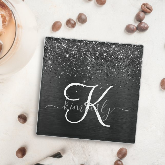 Custom Black Glitter Sparkle Monogram Glass Coaster (Creator Uploaded)