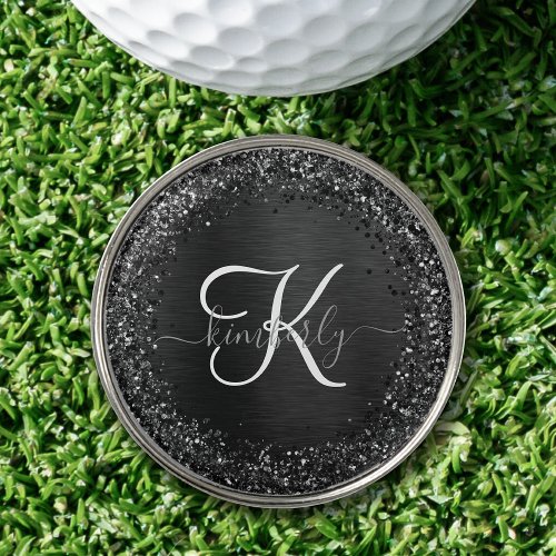 Custom Black Glitter Sparkle Monogram Golf Ball Marker