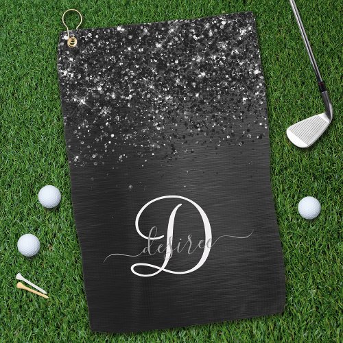 Custom Black Glitter Sparkle Monogram Golf Towel