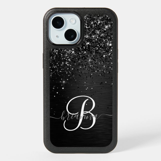 Custom Black Glitter Sparkle Monogram iPhone 15 Case (Back)