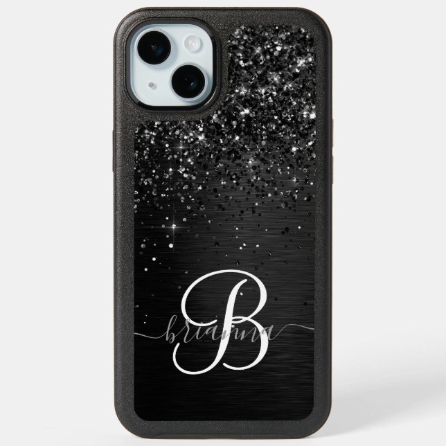 Custom Black Glitter Sparkle Monogram iPhone 15 Plus Case (Back)