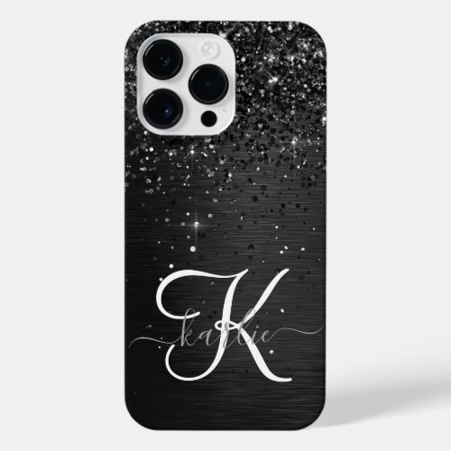 Custom Black Glitter Sparkle Monogram iPhone 14 Pro Max Case