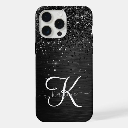  Custom Black Glitter Sparkle Monogram iPhone 15 Pro Max Case