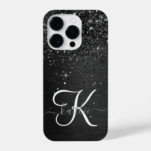 Custom Black Glitter Sparkle Monogram iPhone 14 Pro Case