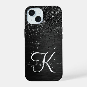 Custom Black Glitter Sparkle Monogram iPhone 15 Case