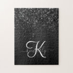 Custom Black Glitter Sparkle Monogram Jigsaw Puzzle<br><div class="desc">Easily personalize this trendy elegant jigsaw puzzle design featuring pretty black sparkling glitter on a black brushed metallic background.</div>