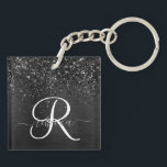Custom Black Glitter Sparkle Monogram Keychain<br><div class="desc">Easily personalize this trendy elegant keychain design featuring pretty black sparkling glitter on a black brushed metallic background.</div>