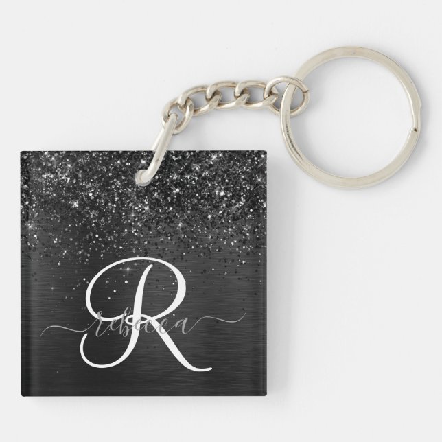 Custom Black Glitter Sparkle Monogram Keychain (Back)