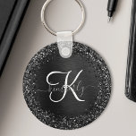 Custom Black Glitter Sparkle Monogram Keychain<br><div class="desc">Easily personalize this trendy elegant keychain design featuring pretty black sparkling glitter on a black brushed metallic background.</div>