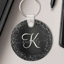 Custom Black Glitter Sparkle Monogram Keychain