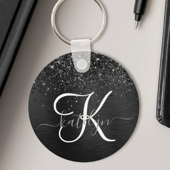 Custom Black Glitter Sparkle Monogram Keychain by sweetbirdiestudio at Zazzle