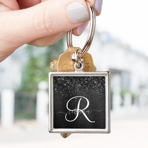 Custom Black Glitter Sparkle Monogram Keychain