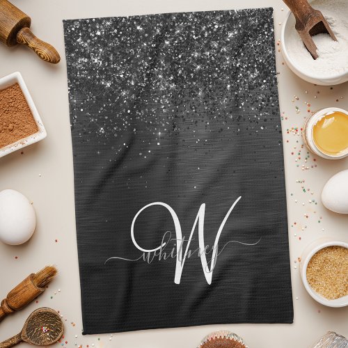 Custom Black Glitter Sparkle Monogram Kitchen Towel