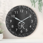 Custom Black Glitter Sparkle Monogram Large Clock<br><div class="desc">Easily personalize this trendy elegant clock design featuring pretty black sparkling glitter on a black brushed metallic background.</div>