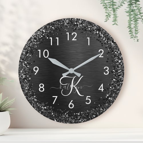 Custom Black Glitter Sparkle Monogram Large Clock