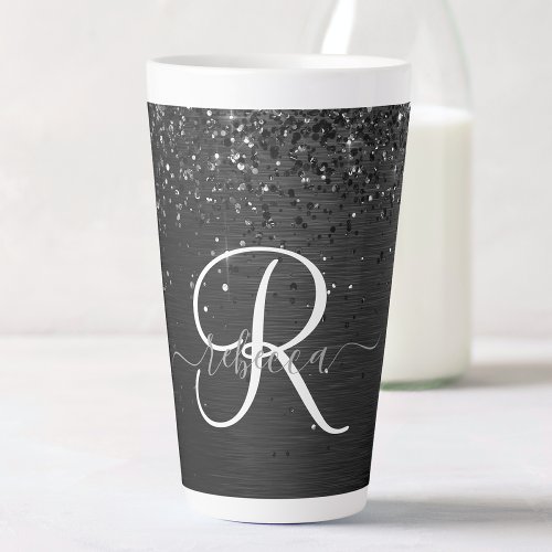 Custom Black Glitter Sparkle Monogram Latte Mug