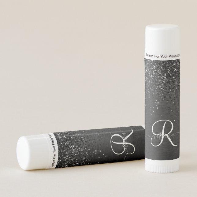 Custom Black Glitter Sparkle Monogram Lip Balm (Front)
