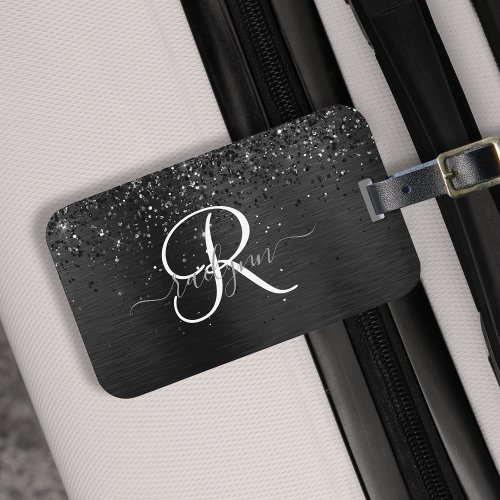 Custom Black Glitter Sparkle Monogram Luggage Tag