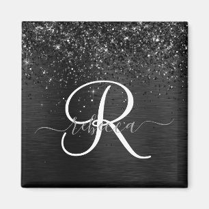 Custom Black Glitter Sparkle Monogram Magnet