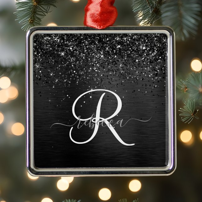 Custom Black Glitter Sparkle Monogram Metal Ornament (Creator Uploaded)