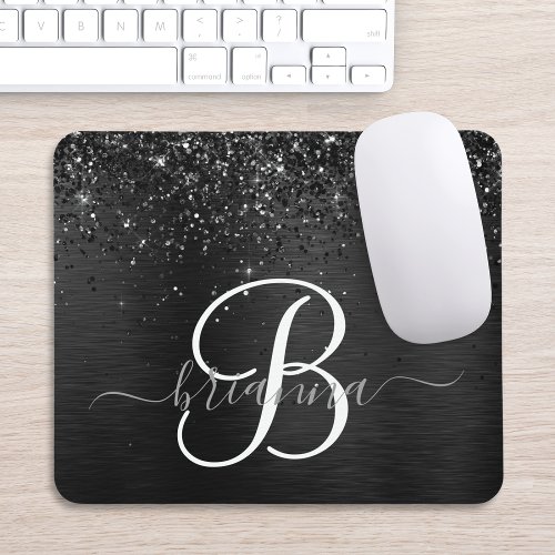  Custom Black Glitter Sparkle Monogram Mouse Pad