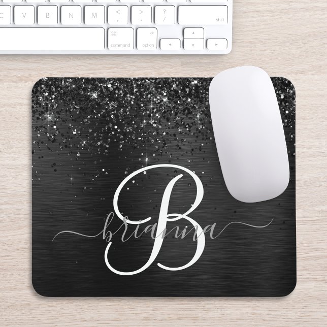  Custom Black Glitter Sparkle Monogram Mouse Pad (Creator Uploaded)