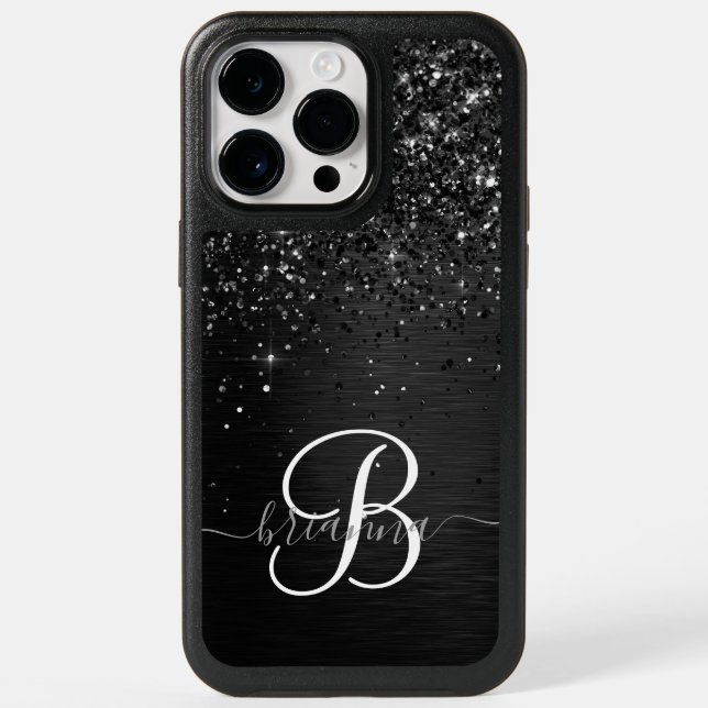 Custom Black Glitter Sparkle Monogram Otterbox iPhone Case (Back)