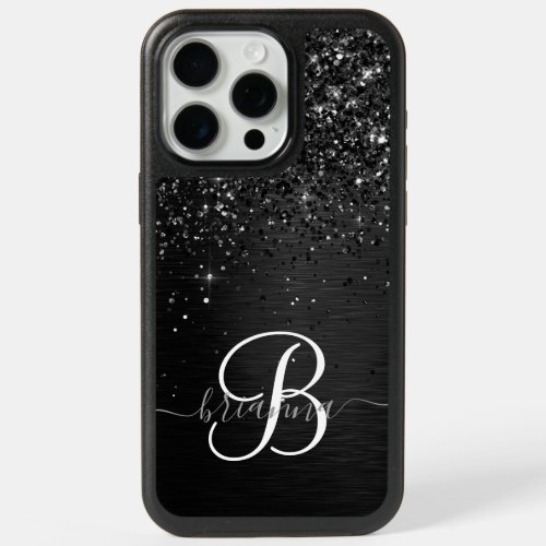 Custom Black Glitter Sparkle Monogram iPhone 15 Pro Max Case