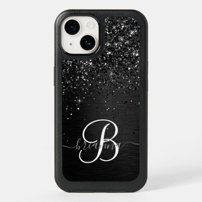 Custom Black Glitter Sparkle Monogram Otterbox iPhone Case (Back)