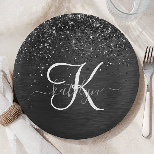 Custom Black Glitter Sparkle Monogram Paper Plates