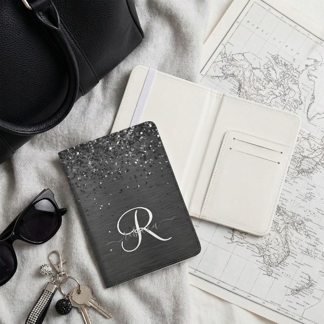 Custom Black Glitter Sparkle Monogram Passport Holder (Creator Uploaded)