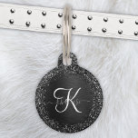 Custom Black Glitter Sparkle Monogram Pet ID Tag<br><div class="desc">Easily personalize this trendy elegant pet ID tag design featuring pretty black sparkling glitter on a black brushed metallic background.</div>