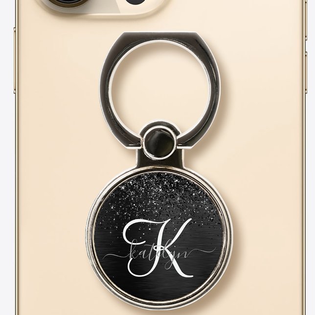 Custom Black Glitter Sparkle Monogram Phone Ring Stand (Creator Uploaded)