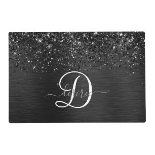 Custom Black Glitter Sparkle Monogram Placemat