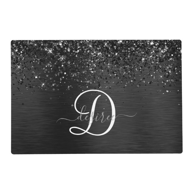 Custom Black Glitter Sparkle Monogram Placemat (Front)